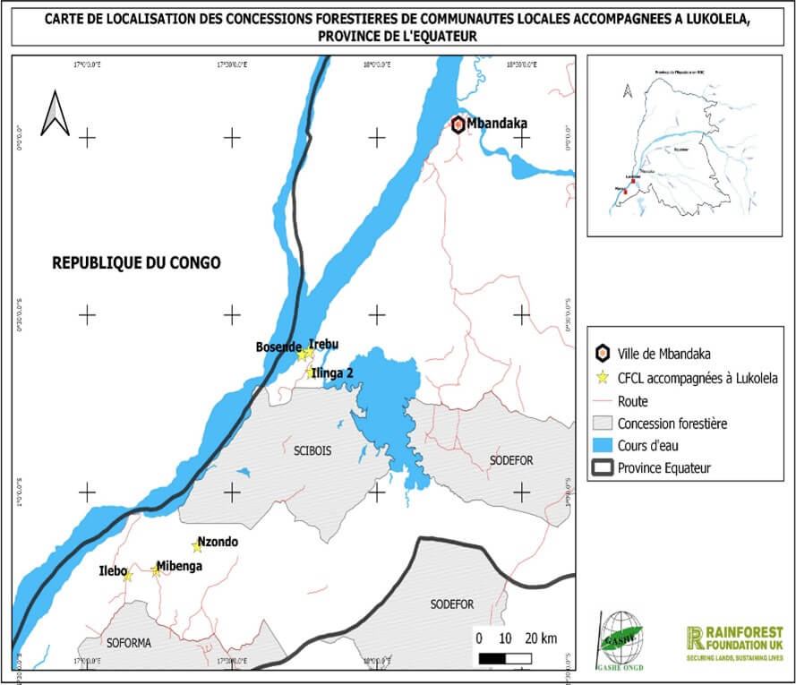 Map showing the location of the supported CFCLs in Equateur province in DRC. Map showing the location of the supported CFCLs in Equateur province in DRC.