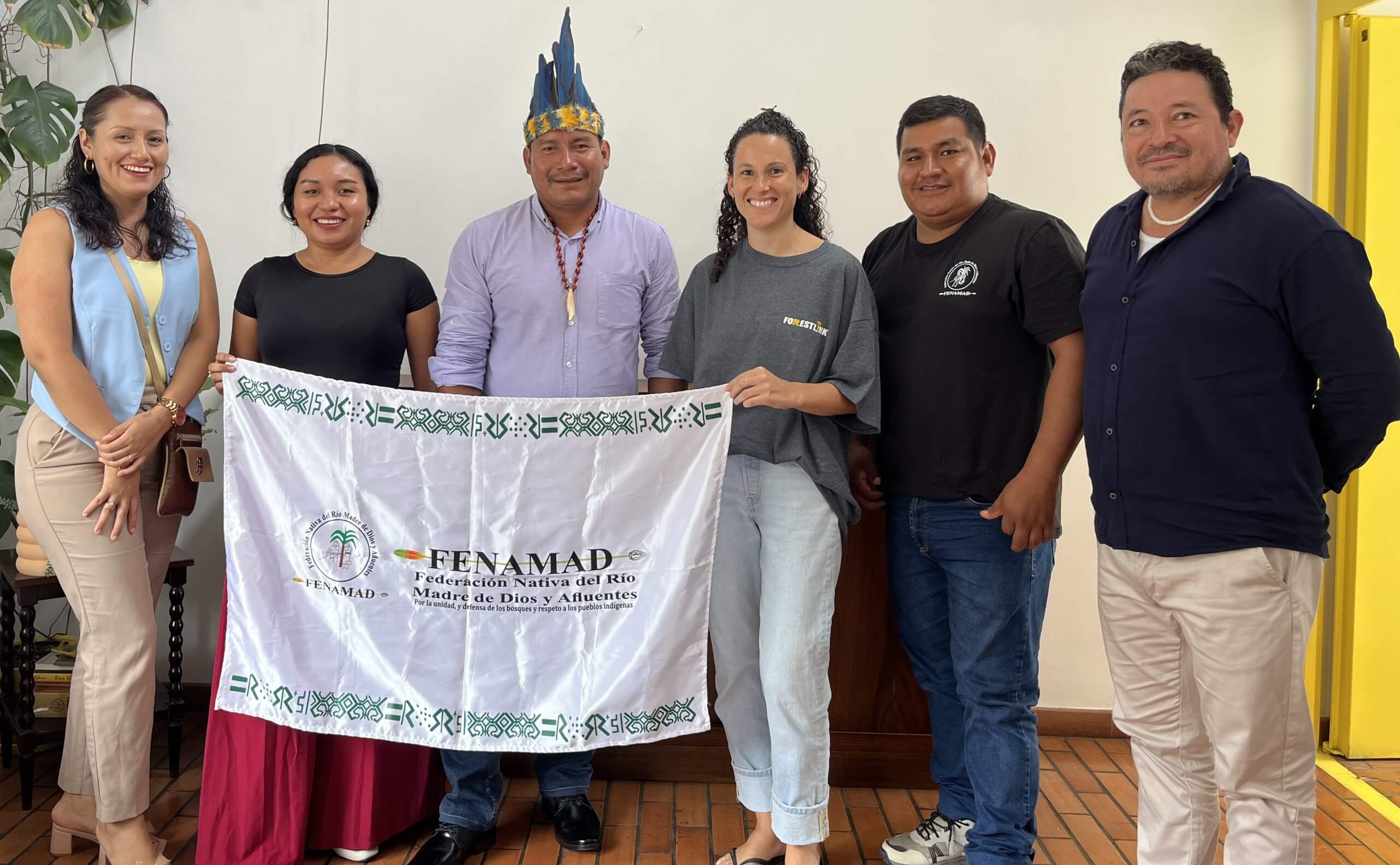 RFUK Peru Coordinator, Daniela Velit, with the team at FENAMAD: Chriss Guerra, Tahina Reyna, Eusebio Ríos, Josué Mamani and Pepe Torres in Lima, March 2026. © RFUK/Daniela Velit.