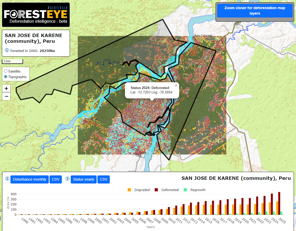 ForestEye showing heavy deforestation and disturbance in San Jose de Karena